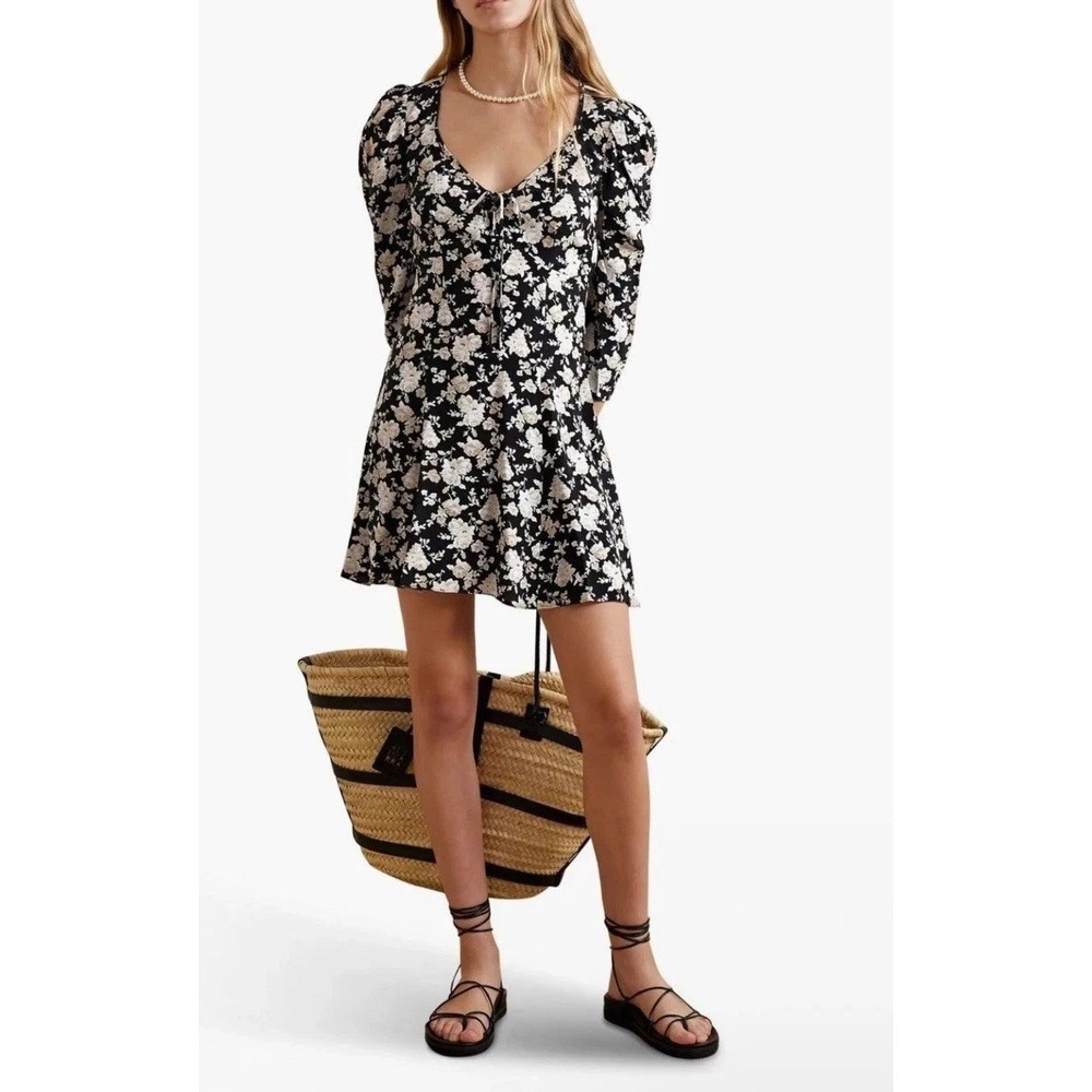 LoveShackFancy Juree Floral Silk V-Neck Mini Dress In Almond Cookie Black Size 2